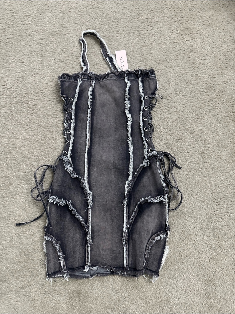 Asymmetric Frayed Denim Mini Dress | Dark Grey - Picture 3 of 4
